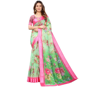green-pink-casual-wear-floral-digital-printed-linen-slub-saree-117893
