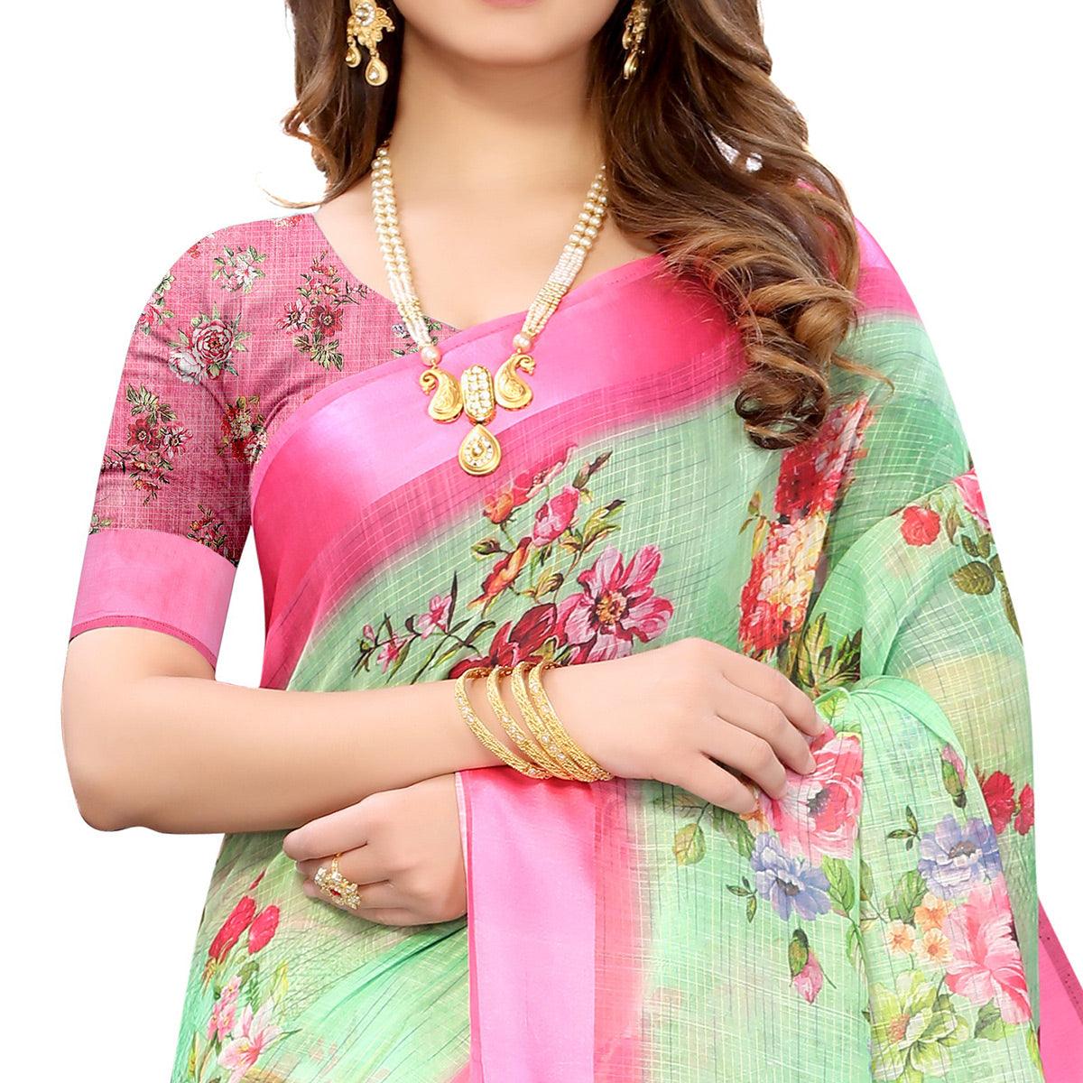 green-pink-casual-wear-floral-digital-printed-linen-slub-saree-117893