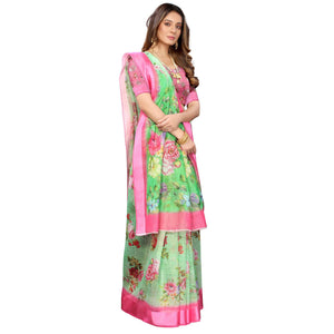 green-pink-casual-wear-floral-digital-printed-linen-slub-saree-117893