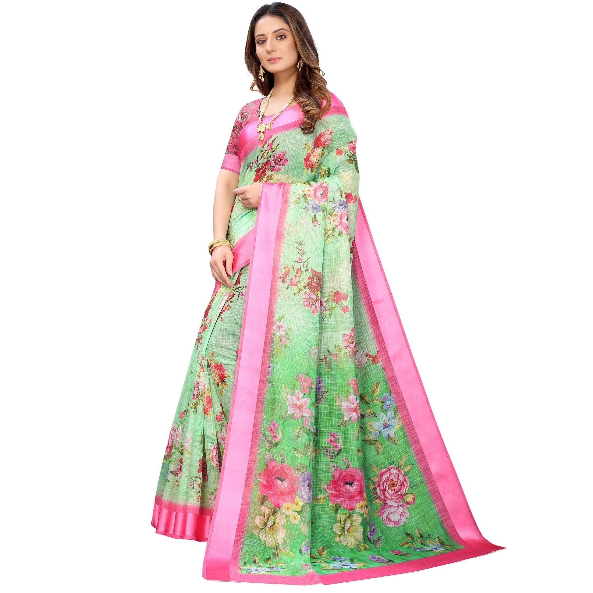 green-pink-casual-wear-floral-digital-printed-linen-slub-saree-117893