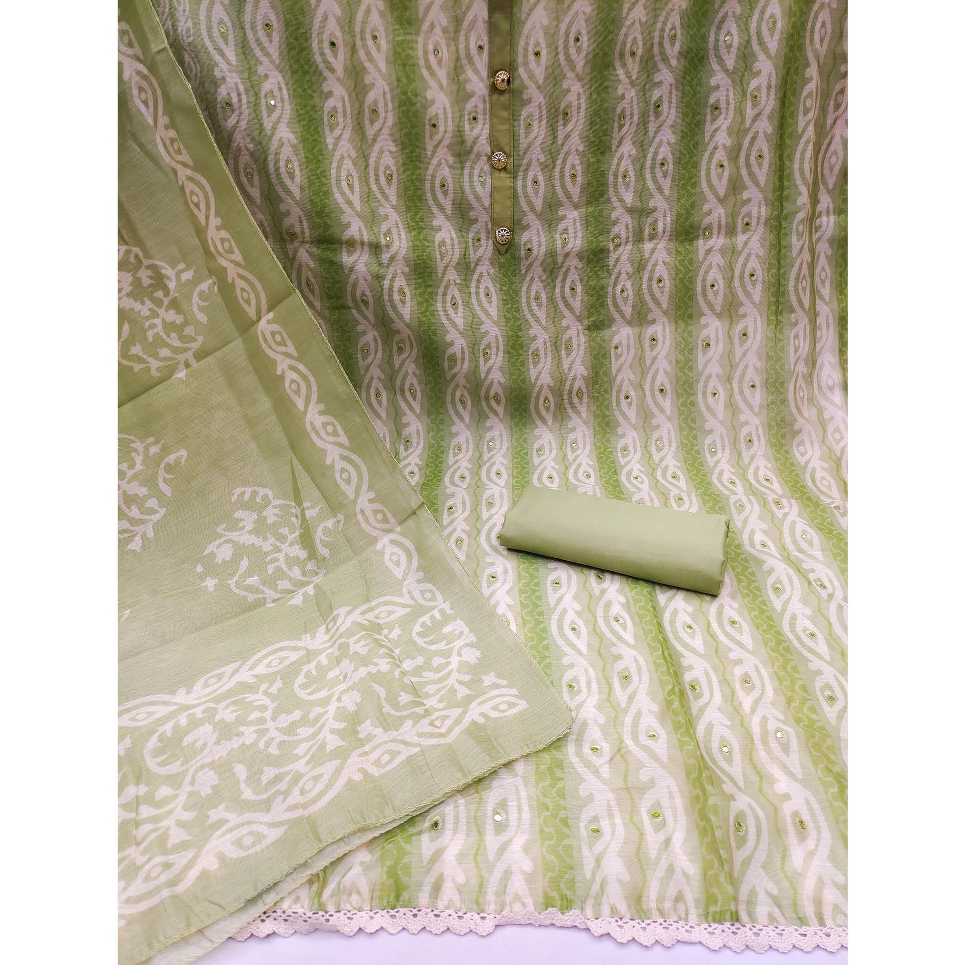 green-printed-mirror-work-chanderi-dress-material