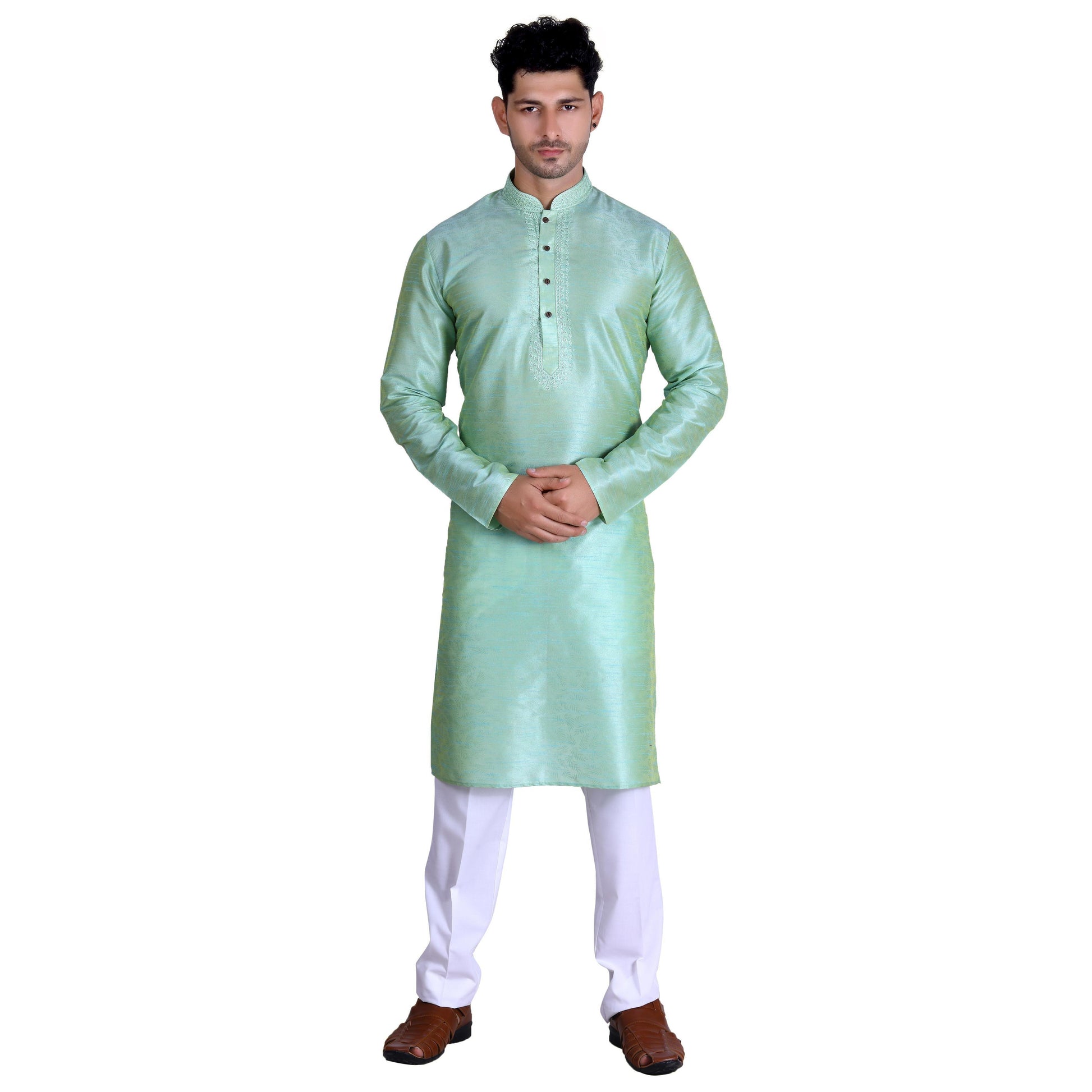 gleaming-pista-green-colored-festive-wear-pure-art-silk-mens-kurta-pyjama-set-84060