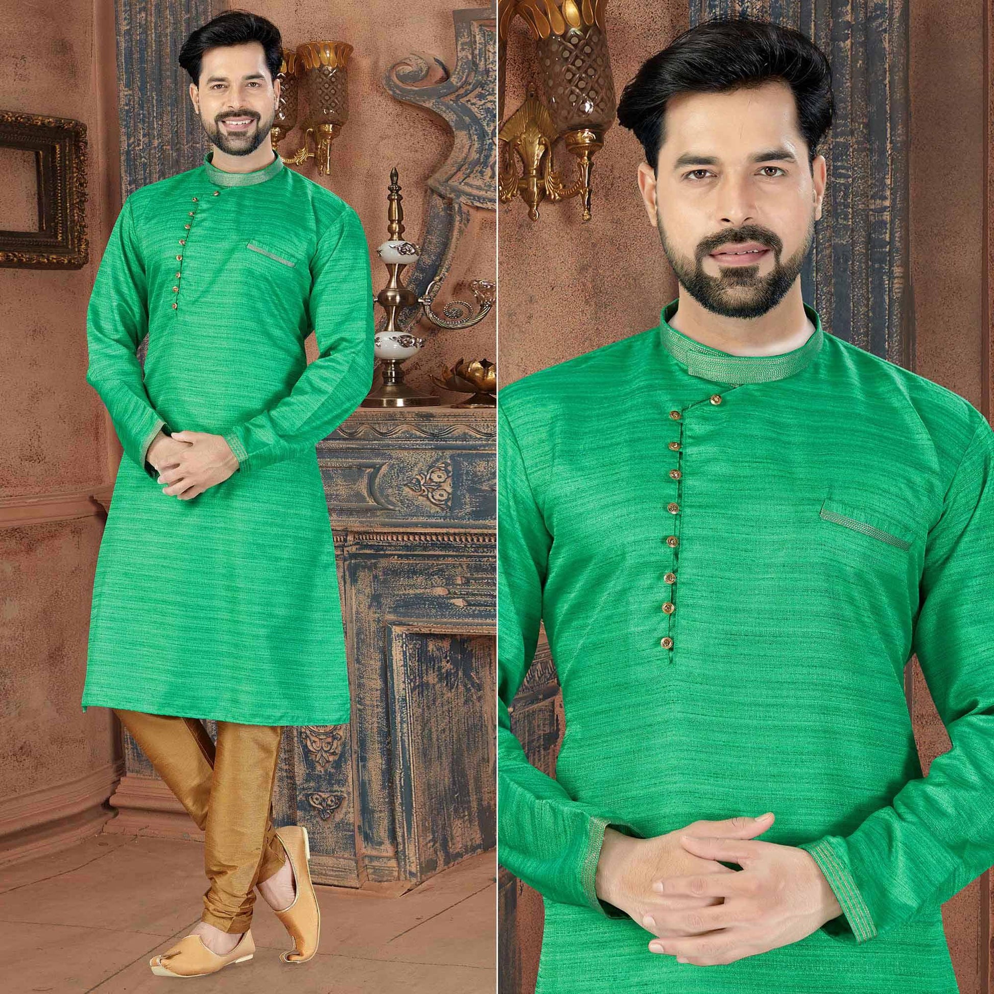 green-printed-art-silk-mens-kurta-churidar-set