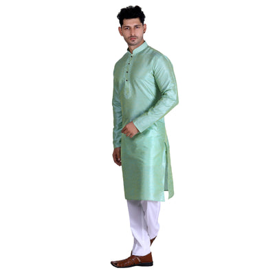 gleaming-pista-green-colored-festive-wear-pure-art-silk-mens-kurta-pyjama-set-84060