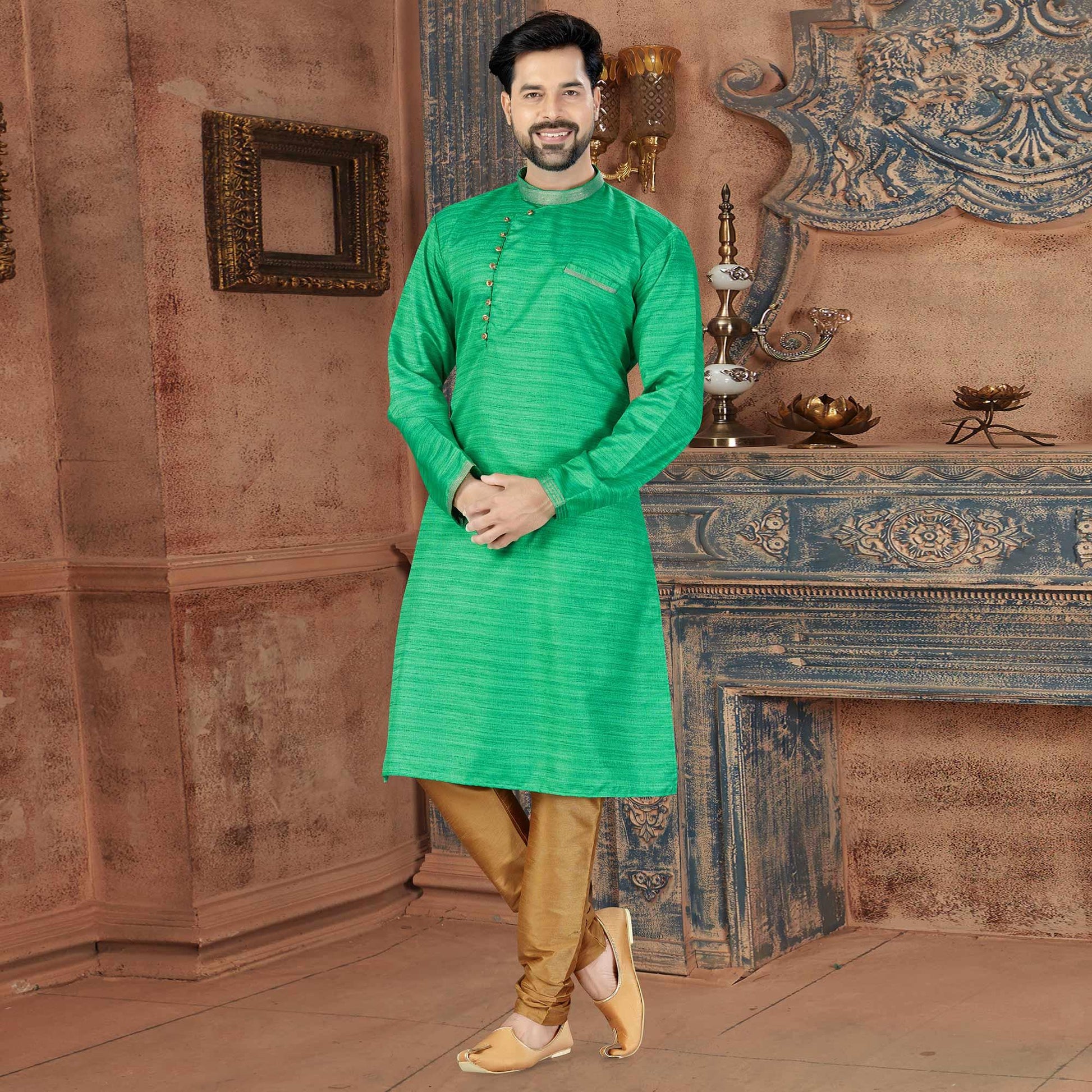 green-printed-art-silk-mens-kurta-churidar-set