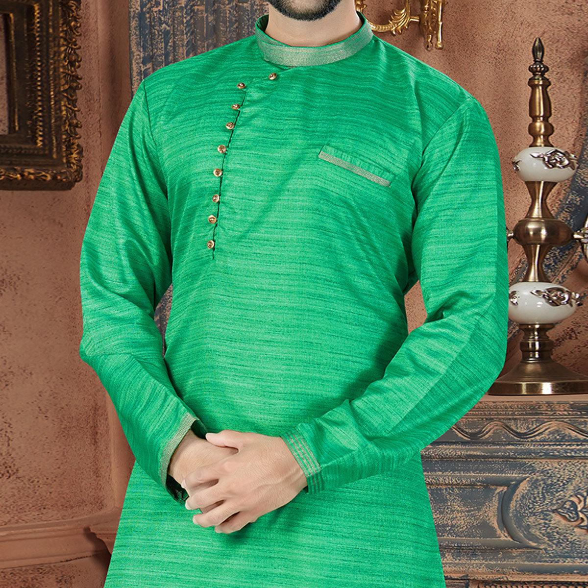 green-printed-art-silk-mens-kurta-churidar-set