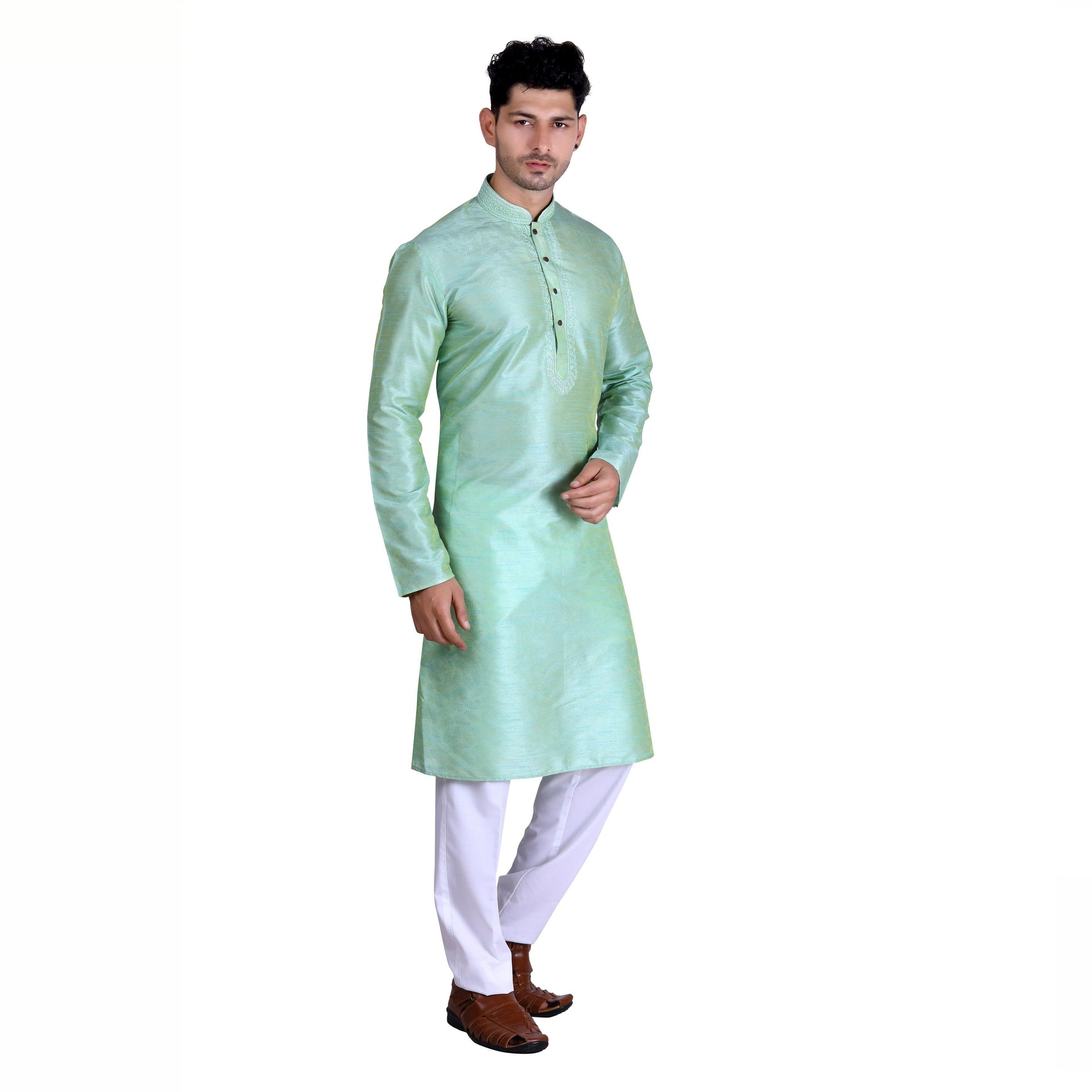 gleaming-pista-green-colored-festive-wear-pure-art-silk-mens-kurta-pyjama-set-84060