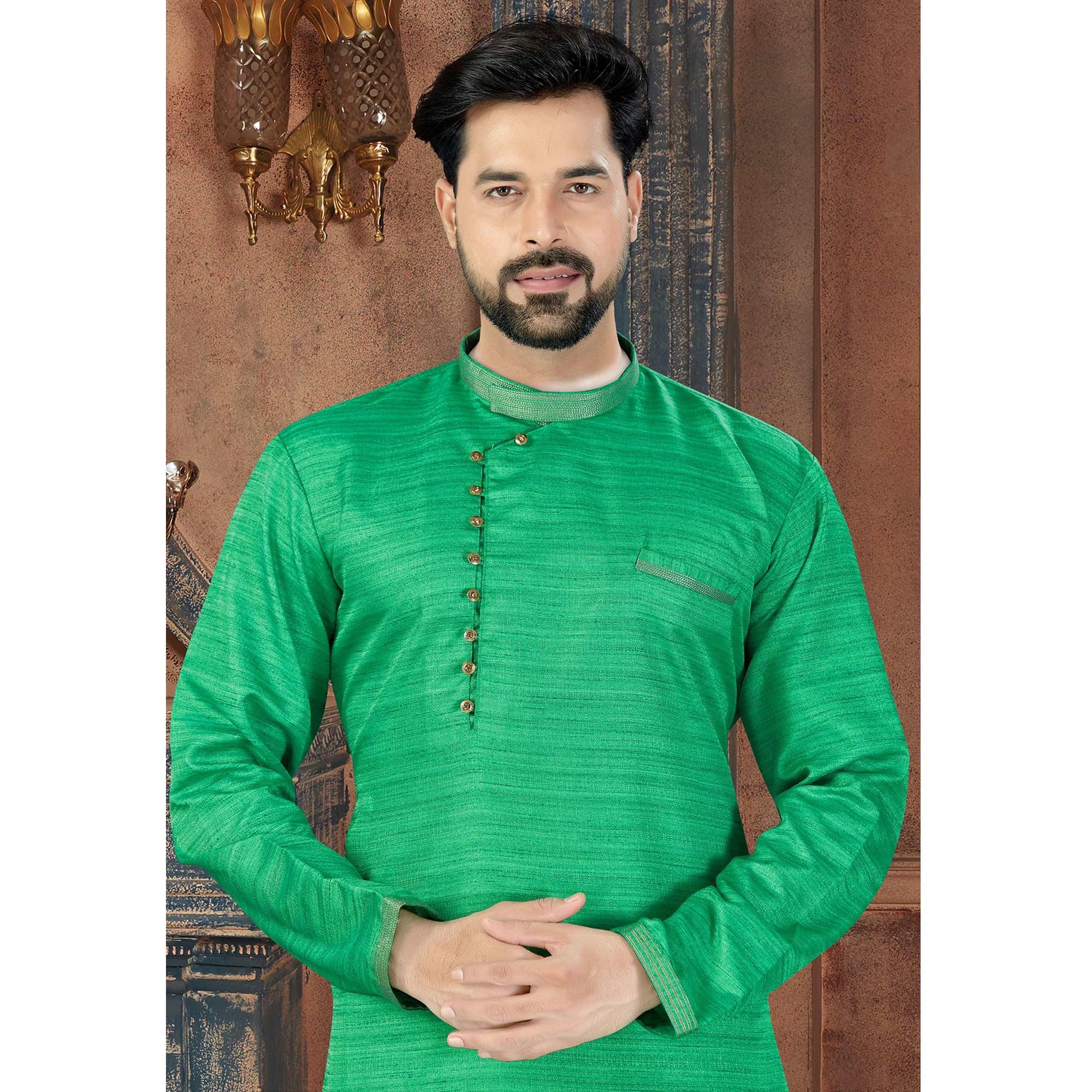 green-printed-art-silk-mens-kurta-churidar-set