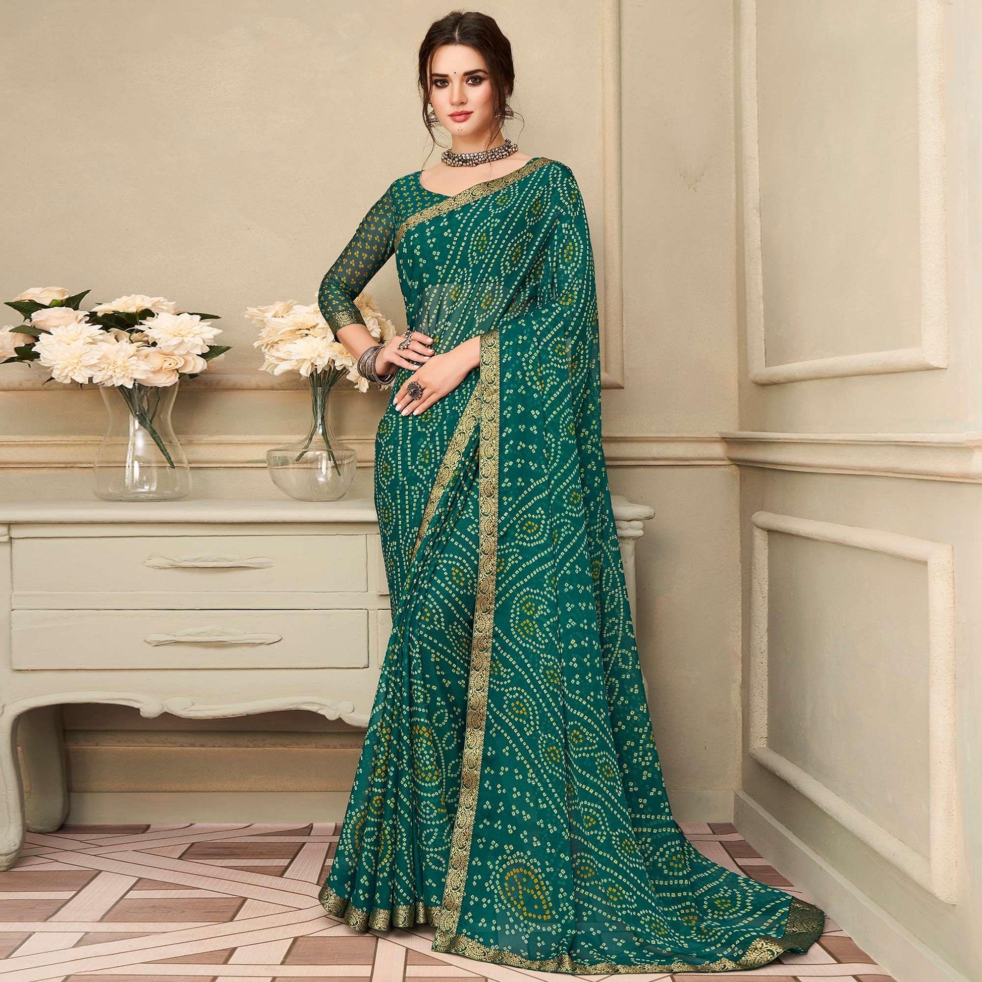 green-casual-wear-printed-chiffon-saree-with-banarasi-border-134149