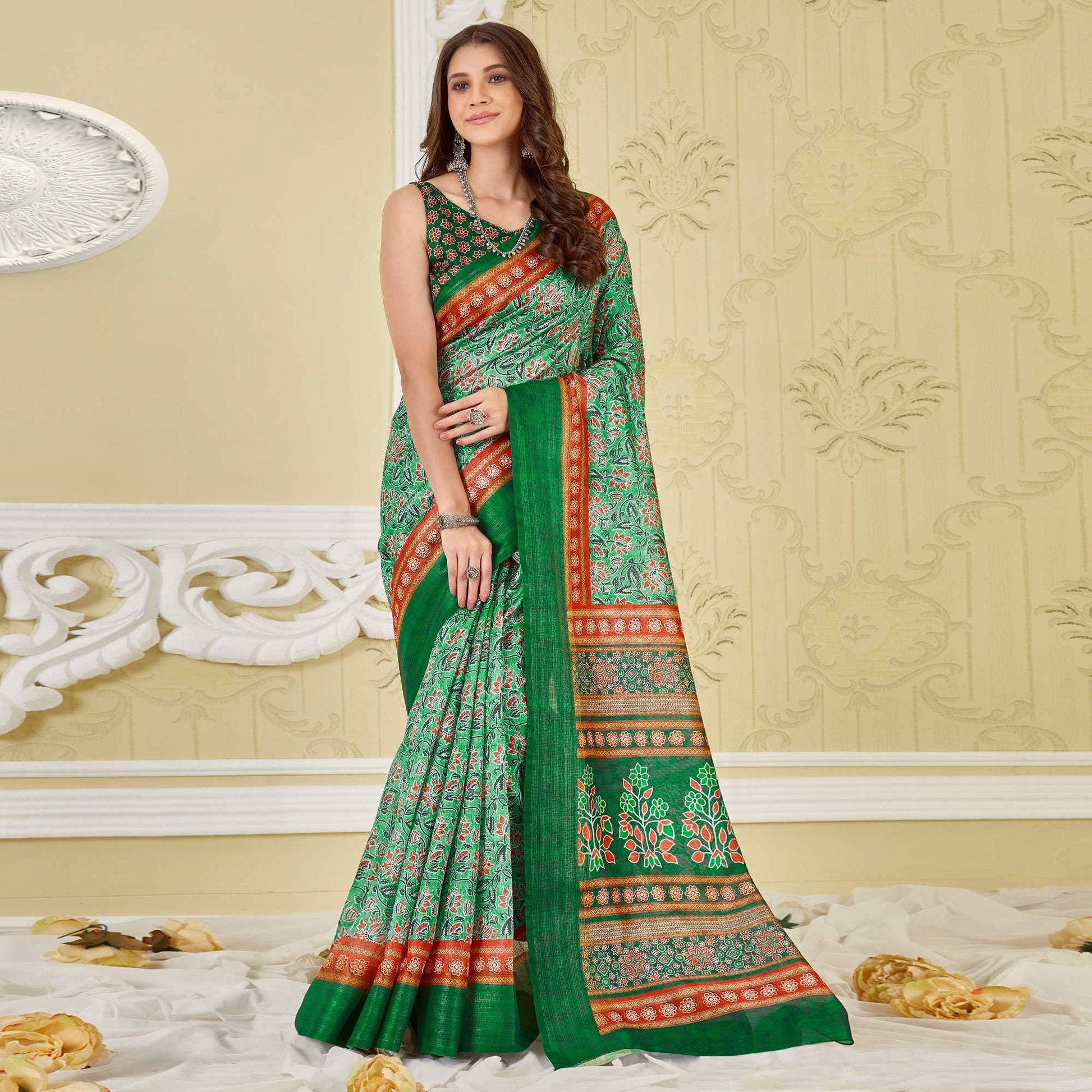 green-printed-cotton-saree
