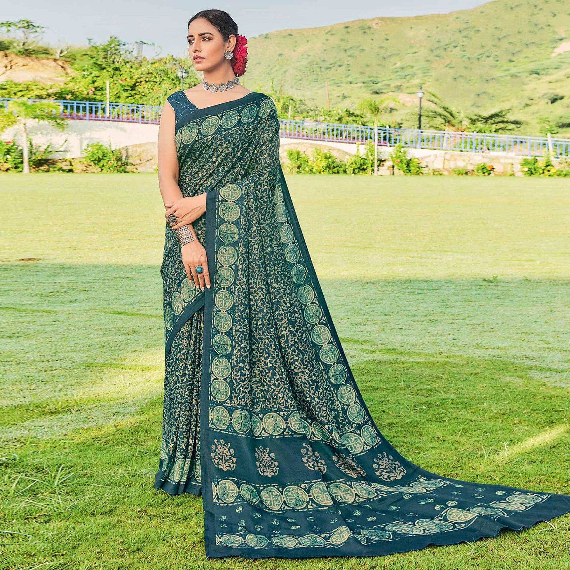 green-printed-cotton-silk-saree-145429