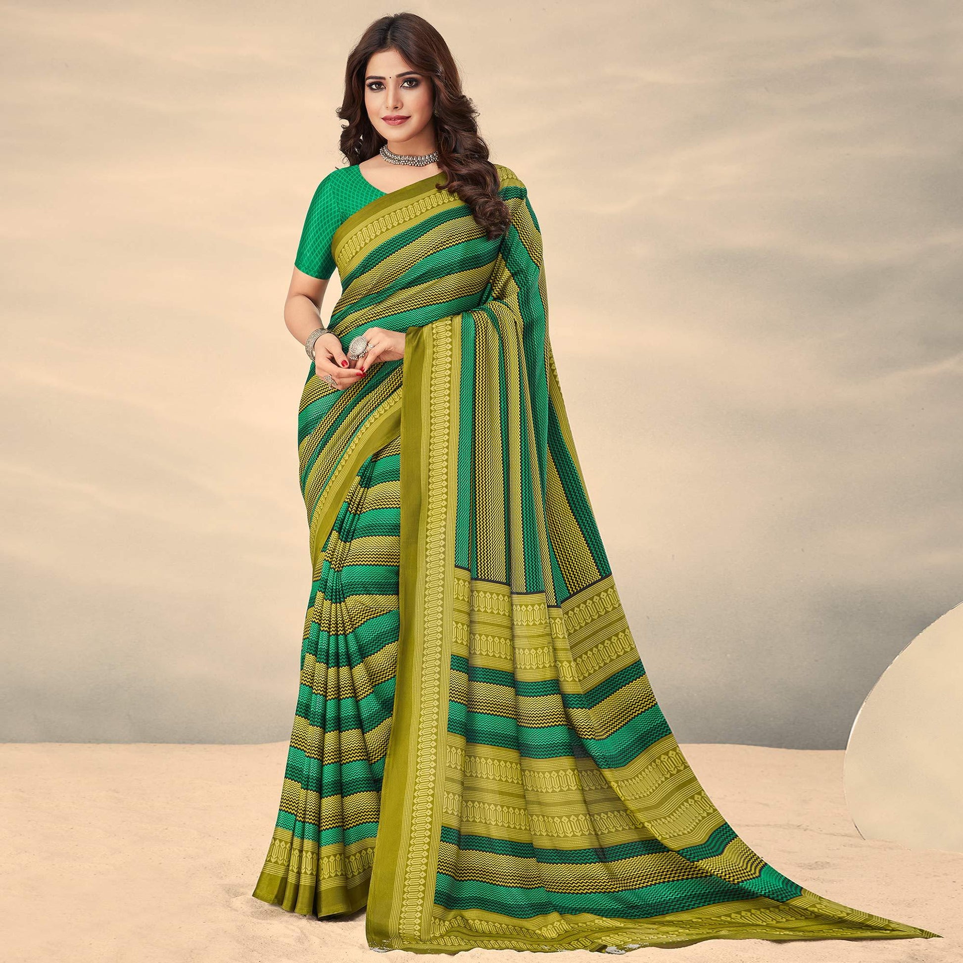 green-printed-crepe-saree