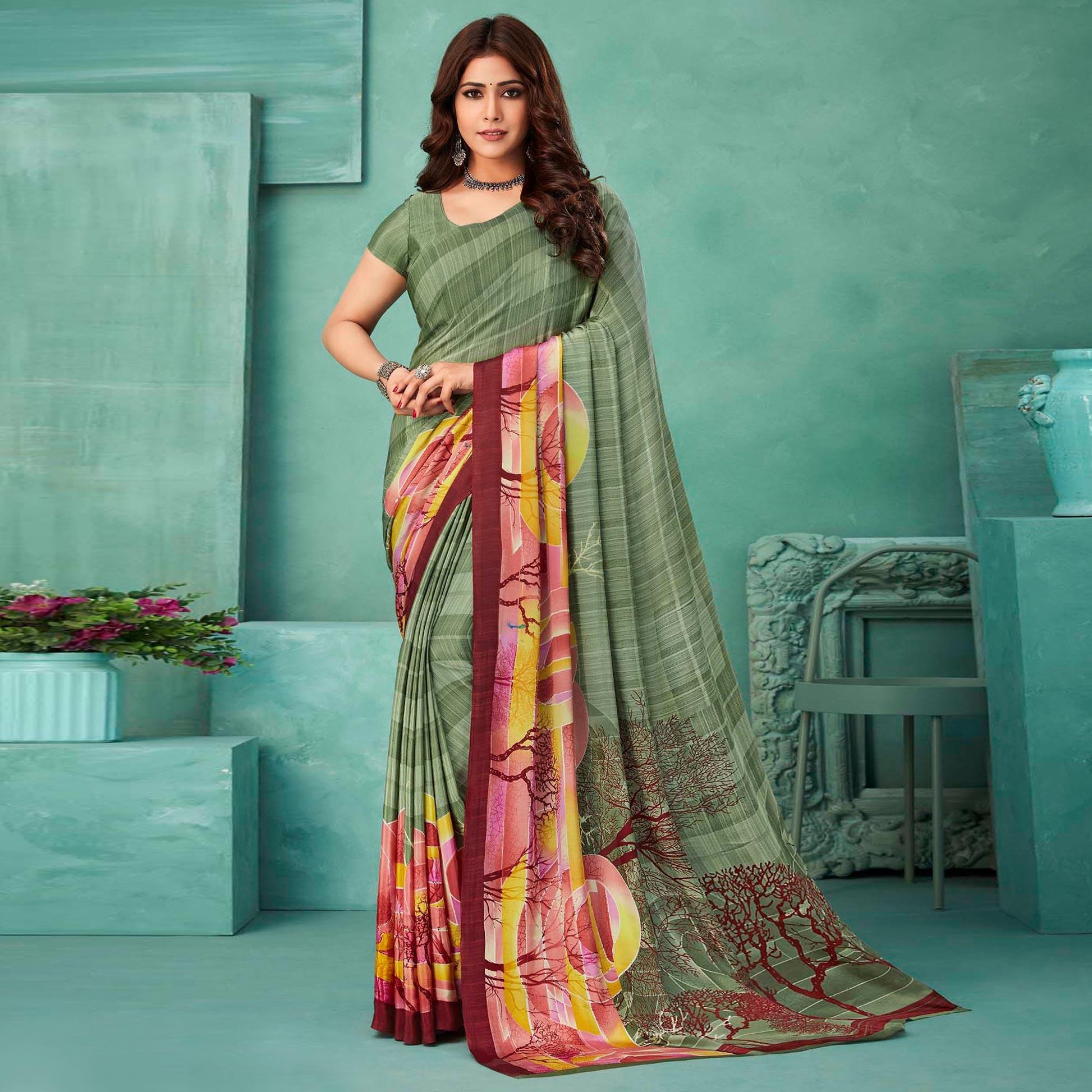 green-printed-crepe-saree-1