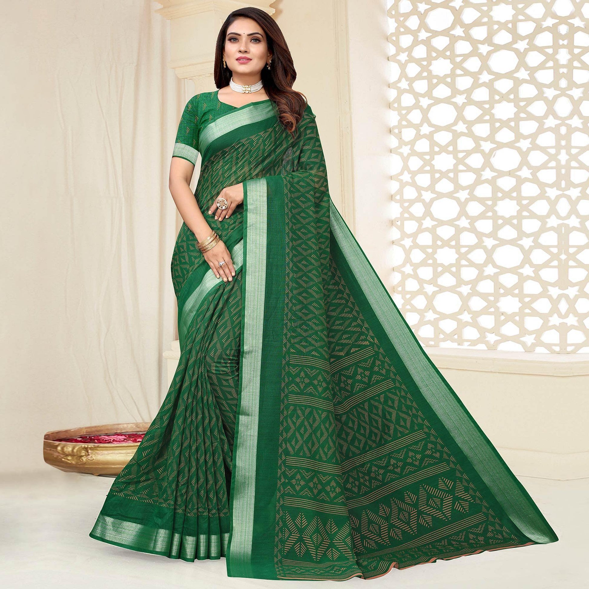 green-printed-linen-saree-143848