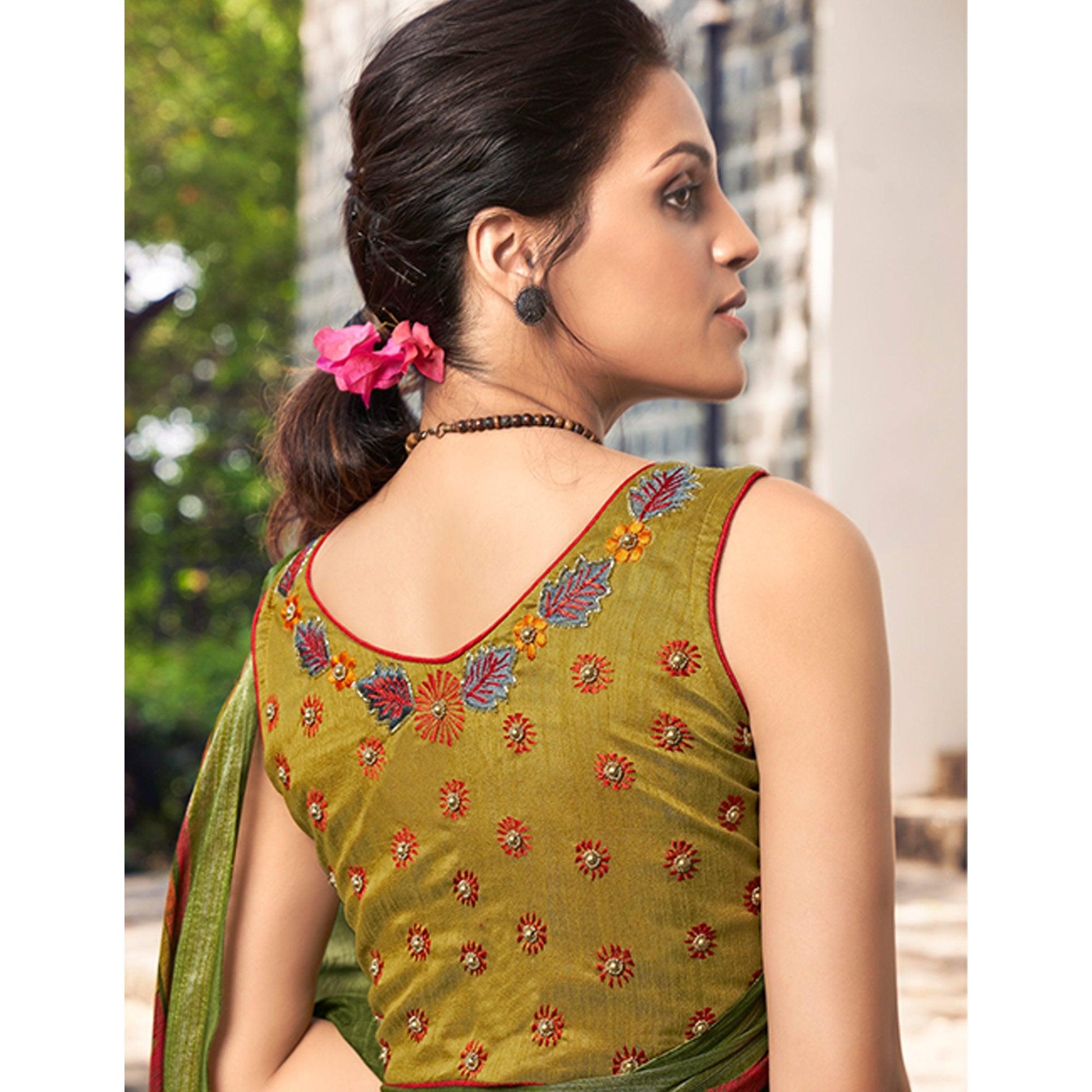 green-printed-linen-saree