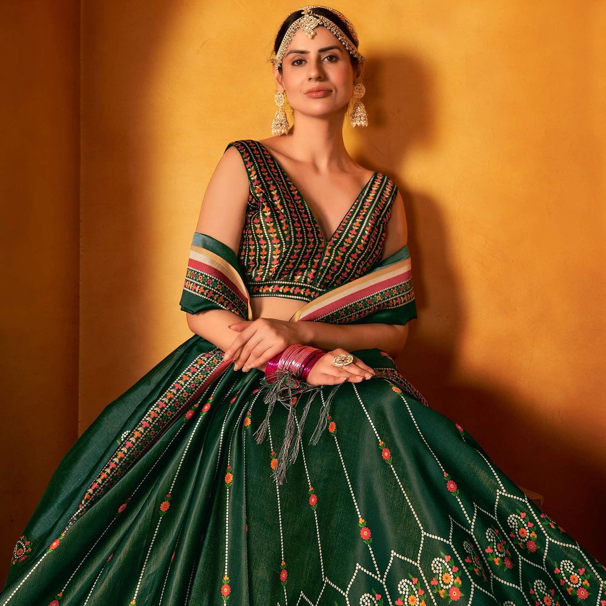 green-printed-pure-silk-lehenga-choli-143309