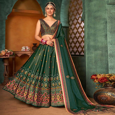 green-printed-pure-silk-lehenga-choli-143309