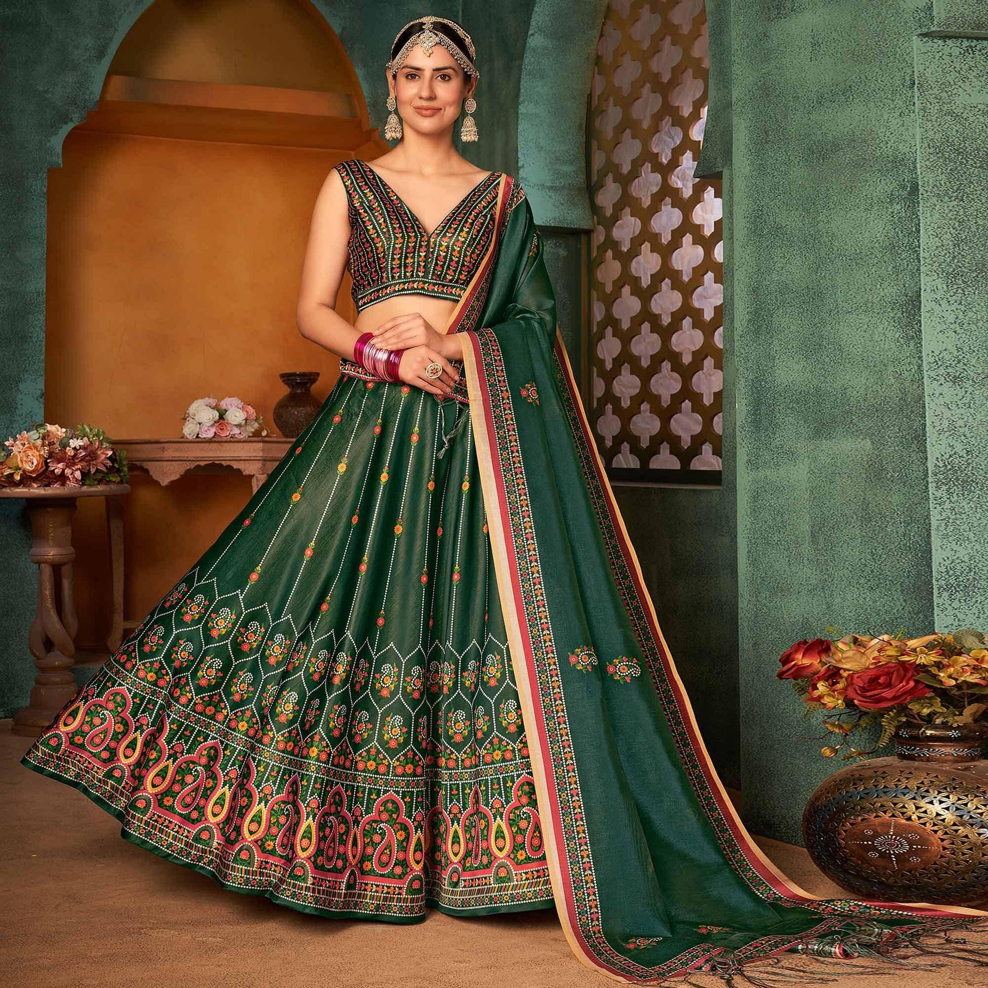 green-printed-pure-silk-lehenga-choli-143309