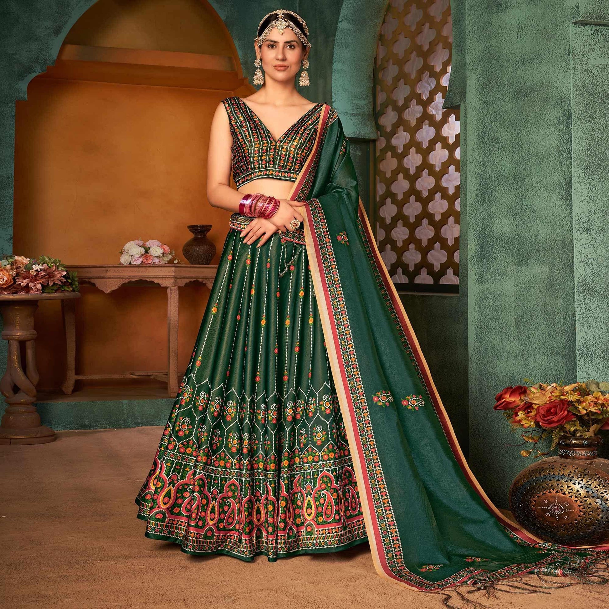 green-printed-pure-silk-lehenga-choli-143309