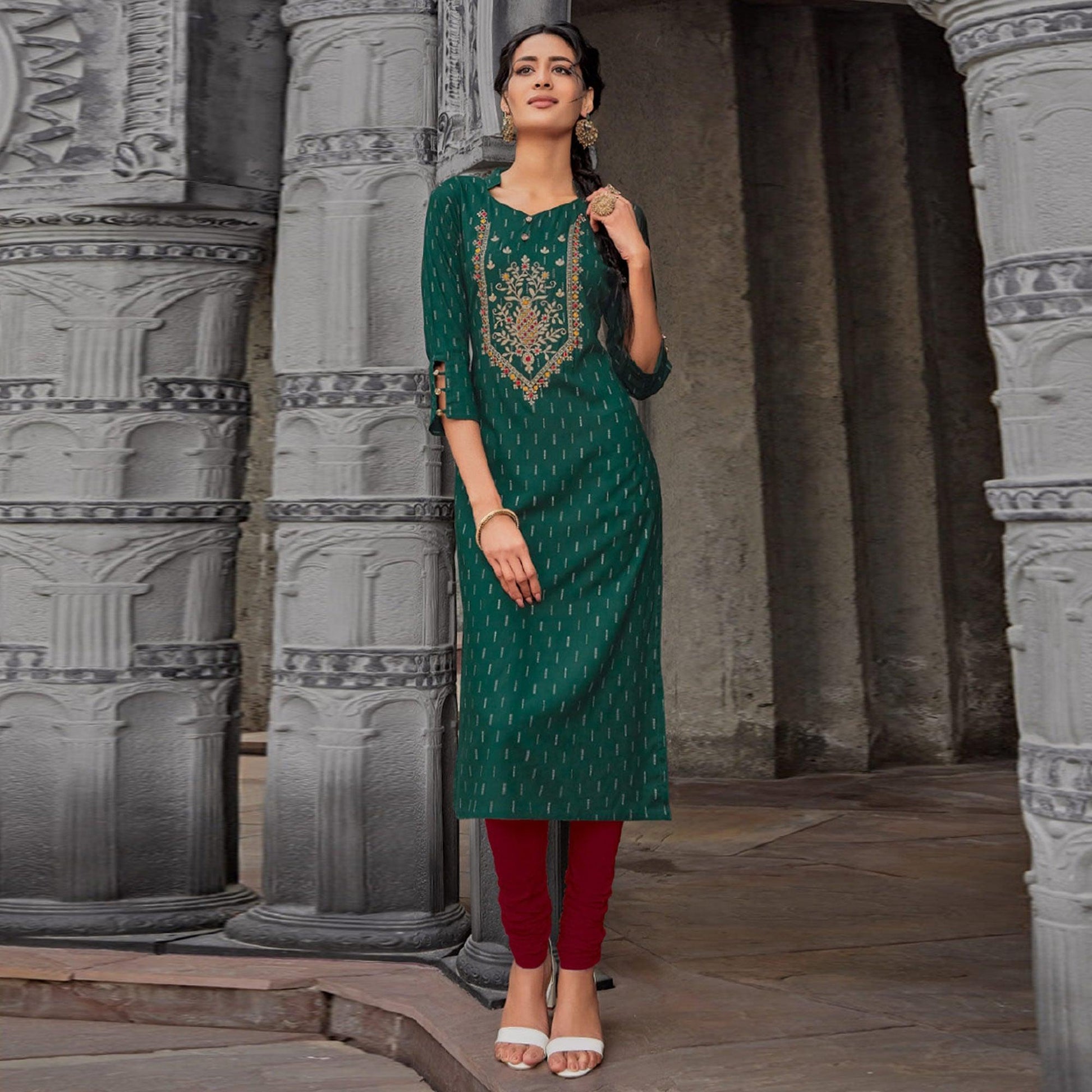 green-printed-with-embroidered-cotton-kurti-143078