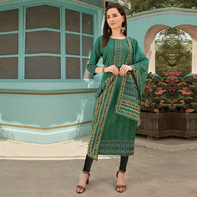 green-printed-with-embroidery-tapetta-silk-kurti-with-dupatta-144776