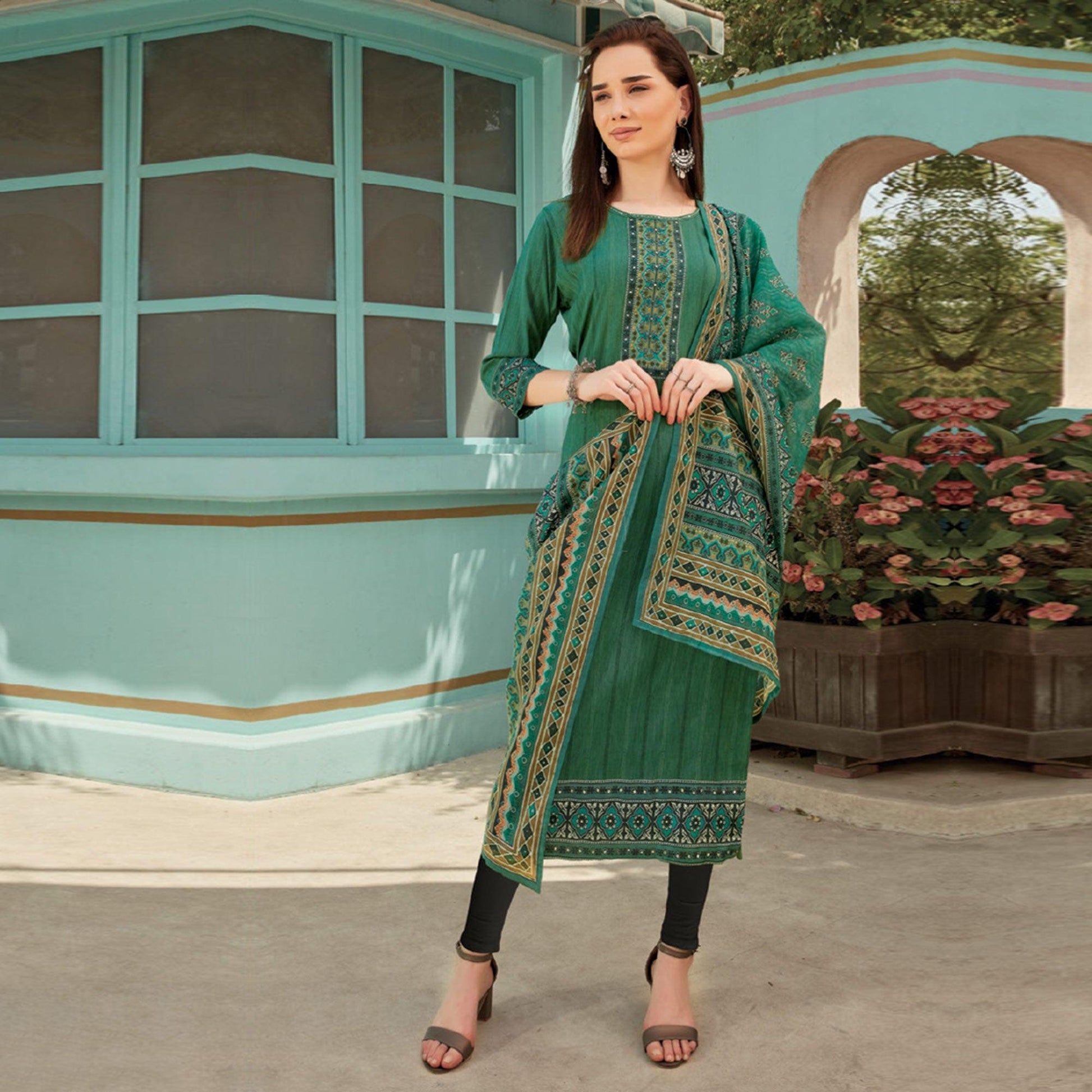 green-printed-with-embroidery-tapetta-silk-kurti-with-dupatta-144776