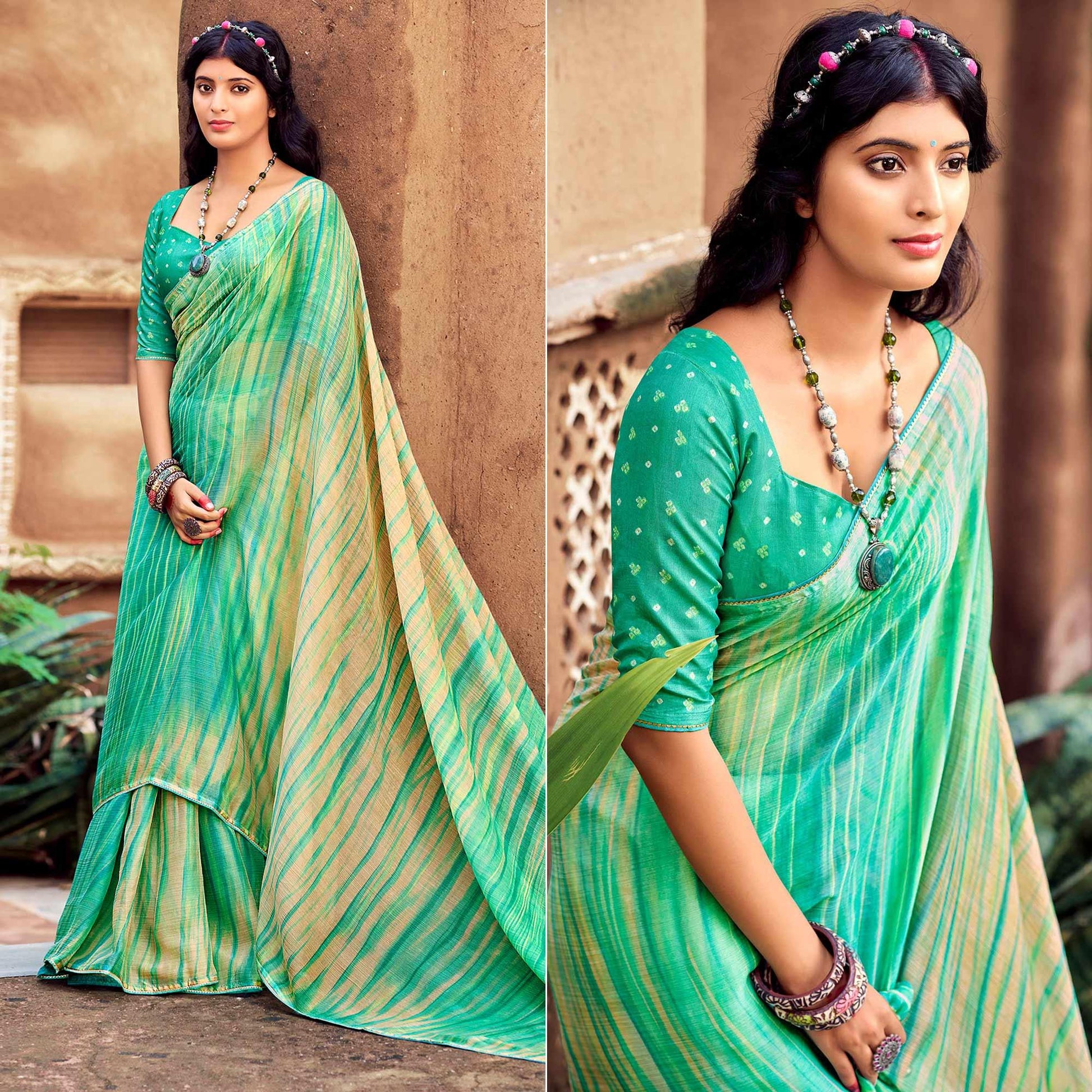 green-printed-with-gota-patti-border-chiffon-saree