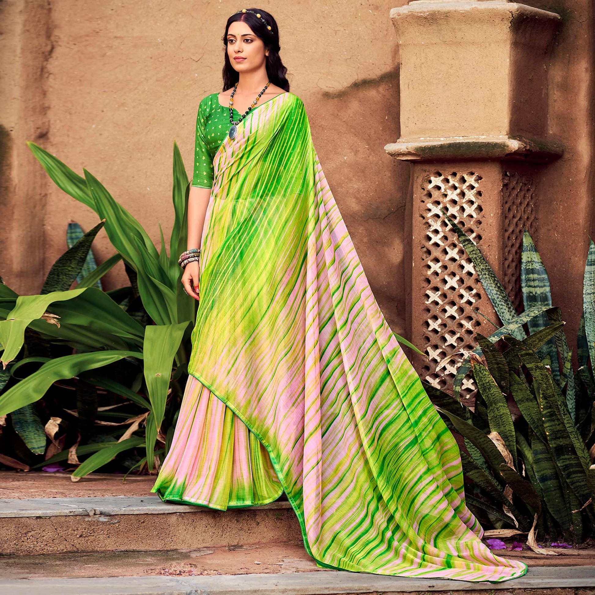 green-printed-with-gota-patti-border-chiffon-saree-1