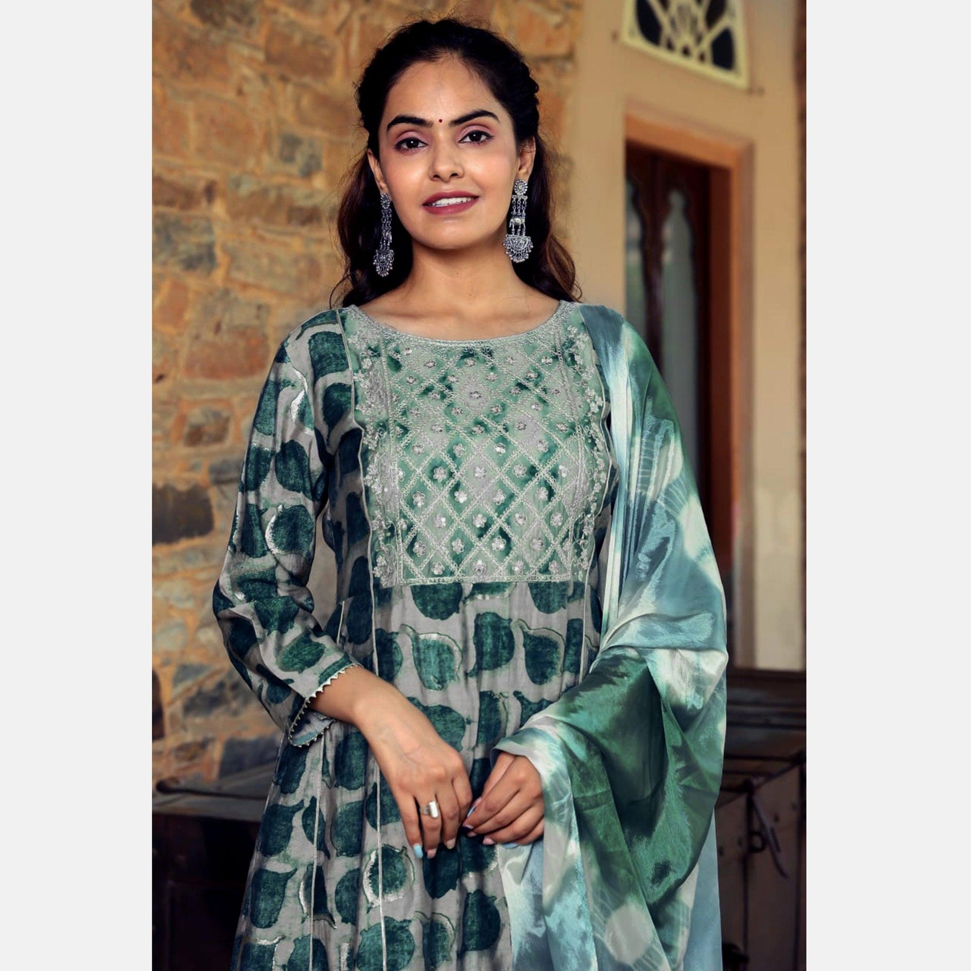 green-printed-with-gota-patti-work-muslin-anarkali-suit