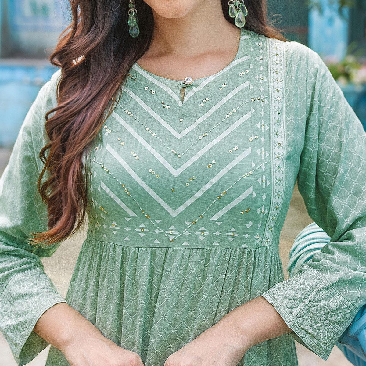 green-printed-with-sequence-embroidered-rayon-kurti