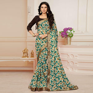green-printed-with-woven-border-georgette-saree