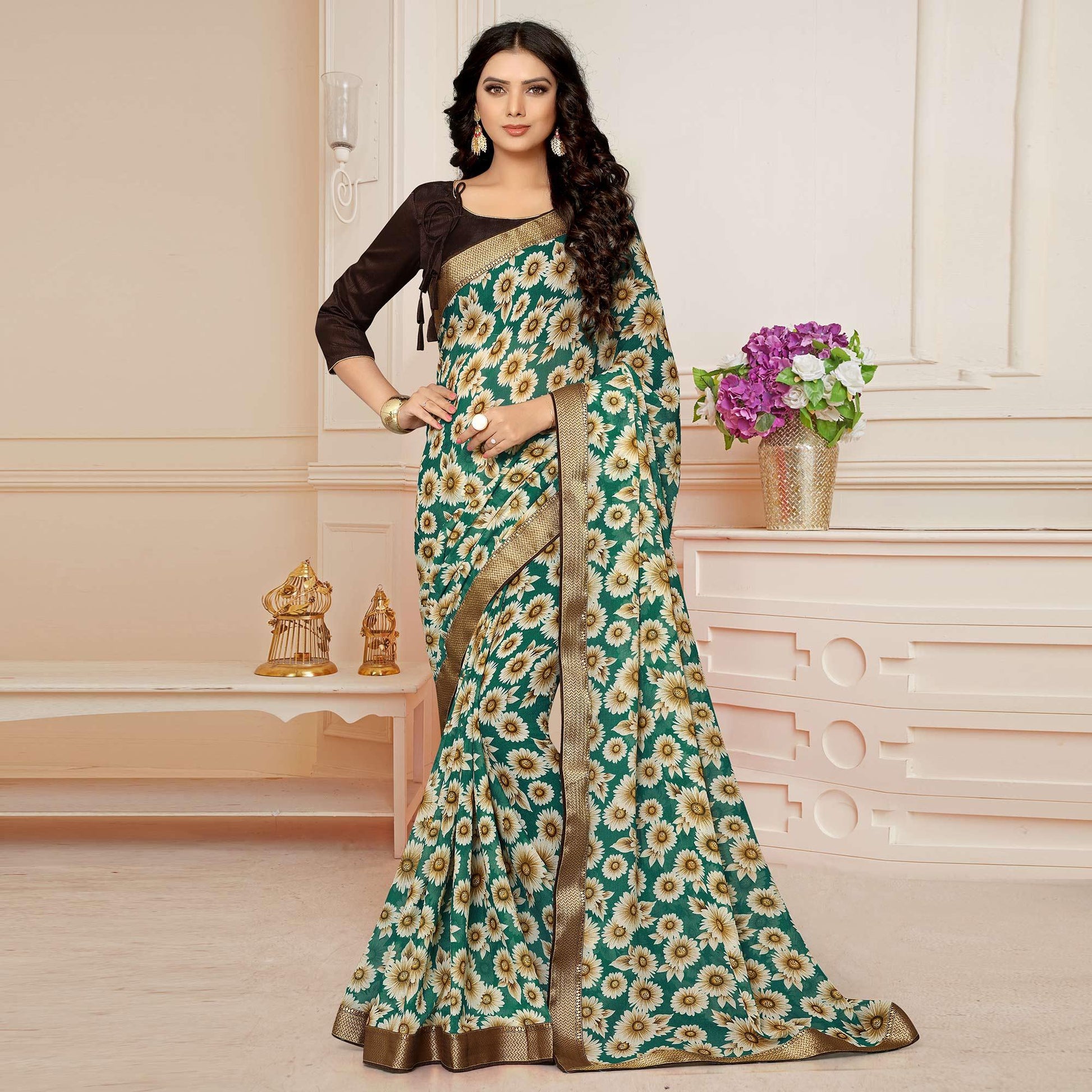 green-printed-with-woven-border-georgette-saree