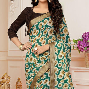 green-printed-with-woven-border-georgette-saree