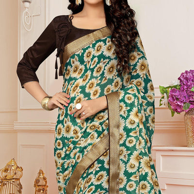 green-printed-with-woven-border-georgette-saree