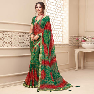 green-red-casual-wear-bandhani-printed-chiffon-saree-with-tassels-142058