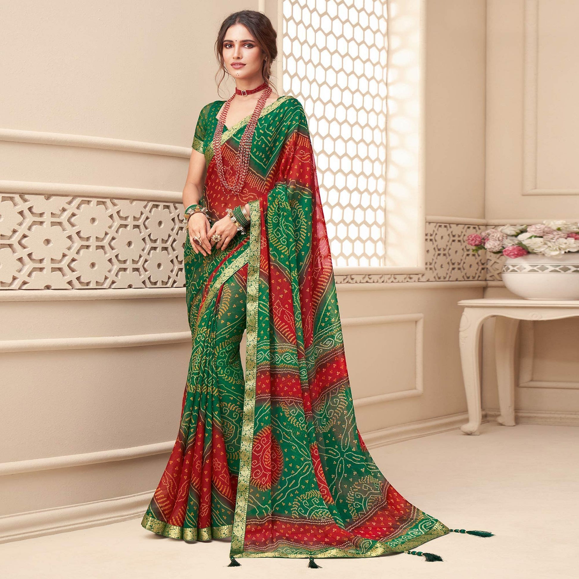 green-red-casual-wear-bandhani-printed-chiffon-saree-with-tassels-142058