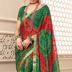 green-red-casual-wear-bandhani-printed-chiffon-saree-with-tassels-142058