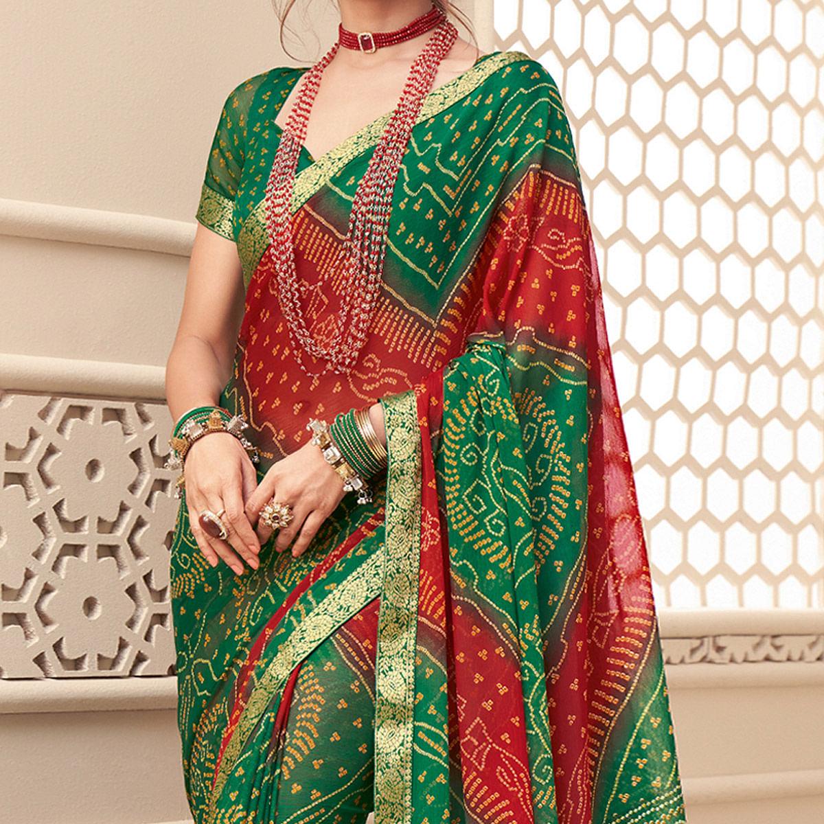 green-red-casual-wear-bandhani-printed-chiffon-saree-with-tassels-142058