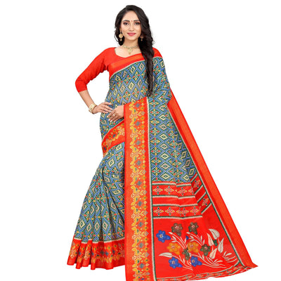 green-red-festive-wear-floral-printed-cotton-linen-saree-109242