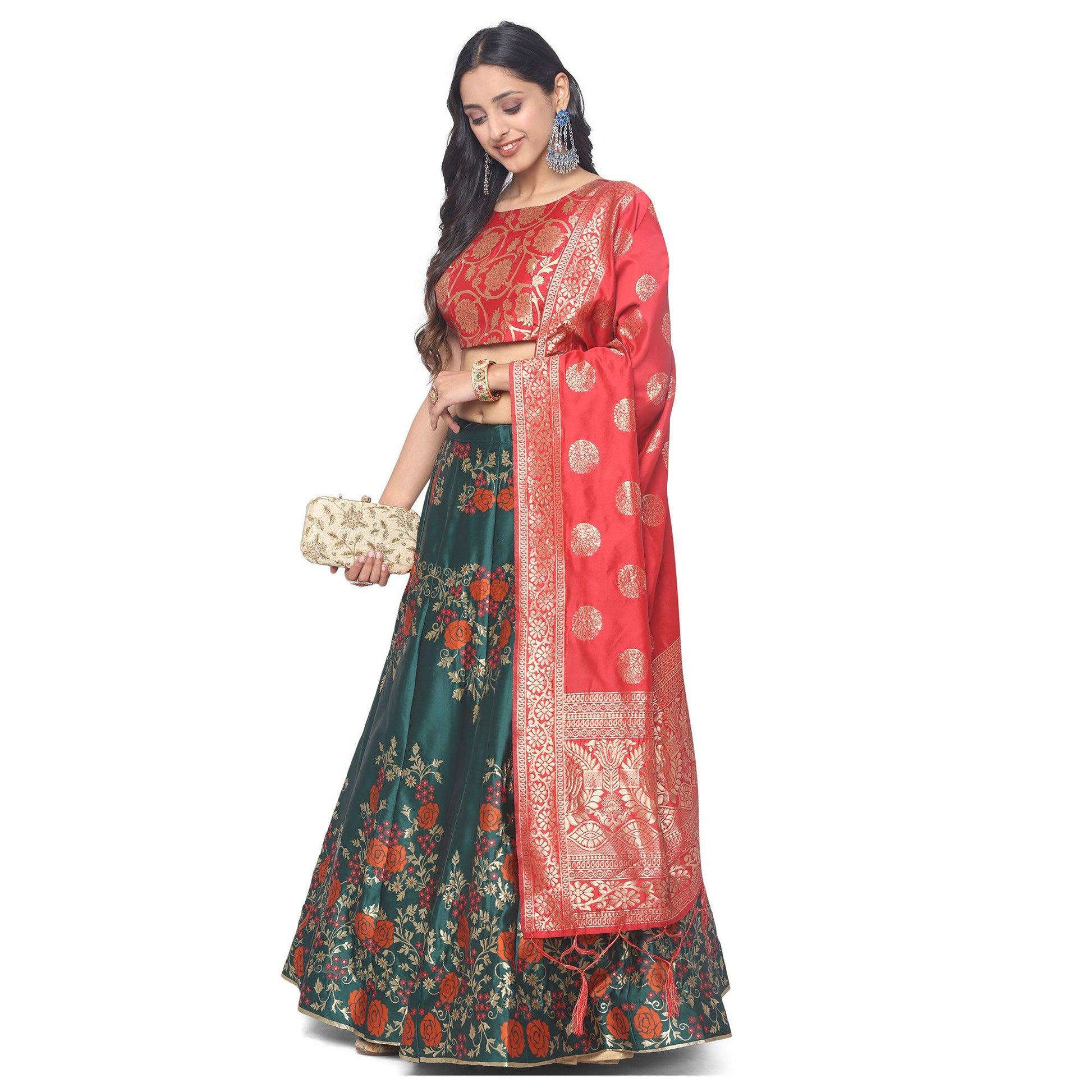 green-red-festive-wear-floral-woven-jacquard-lehenga-choli-134353