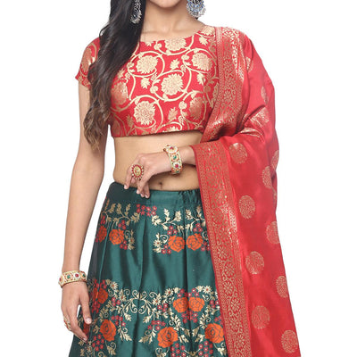 green-red-festive-wear-floral-woven-jacquard-lehenga-choli-134353