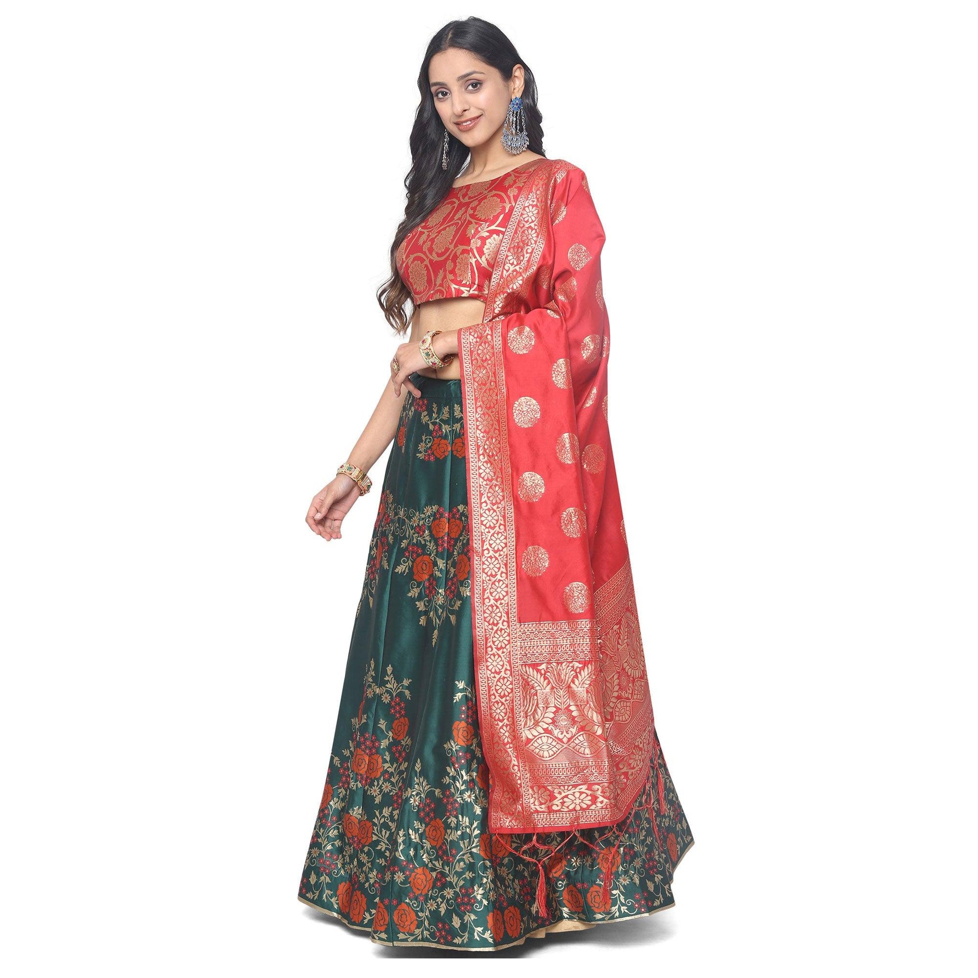 green-red-festive-wear-floral-woven-jacquard-lehenga-choli-134353