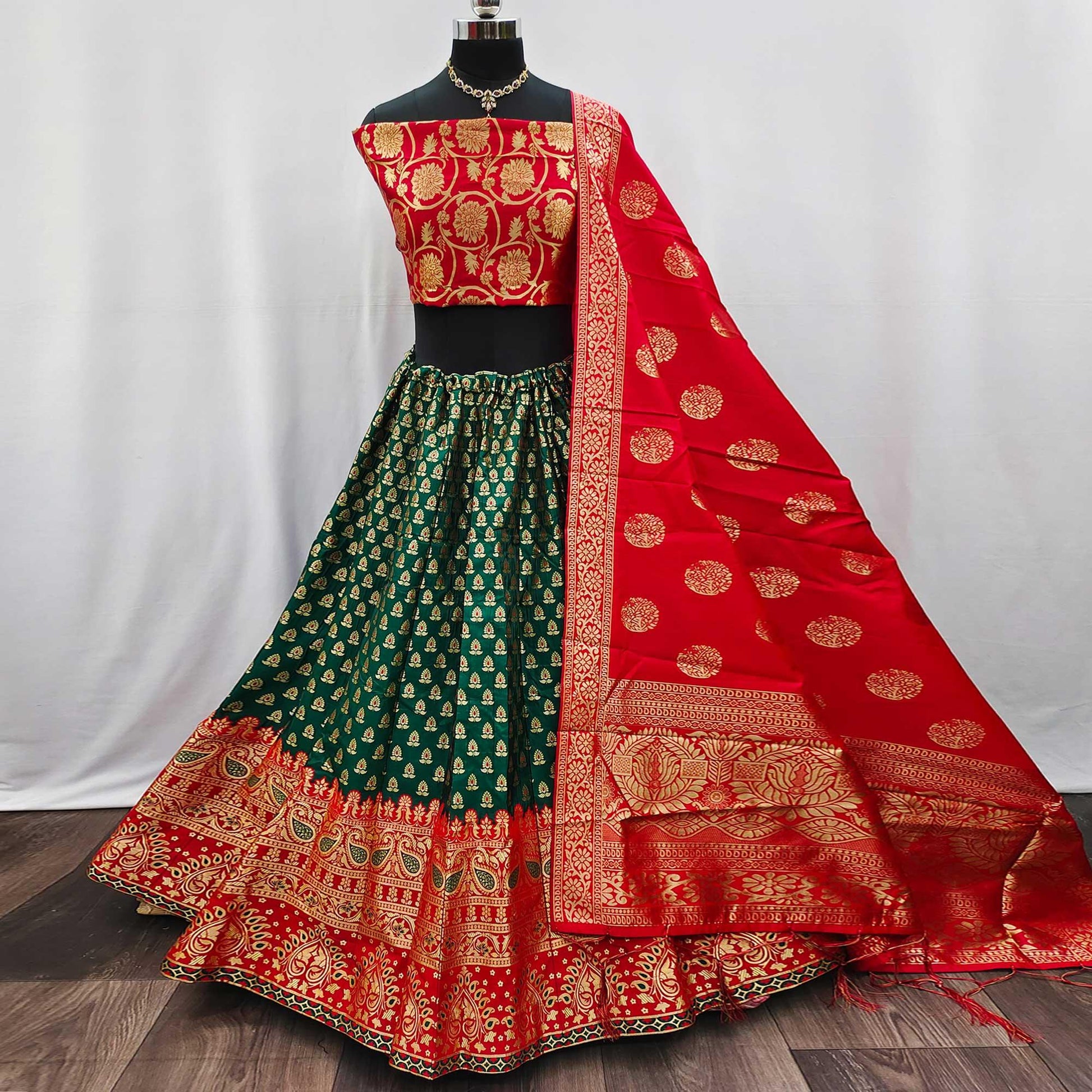 green-red-festive-wear-woven-jacquard-lehenga-choli-134348