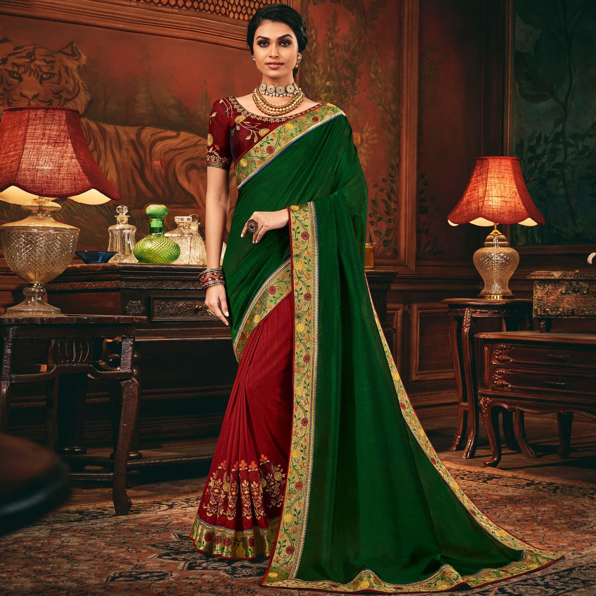 green-red-festive-wear-woven-silk-half-half-saree-120873