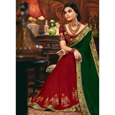 green-red-festive-wear-woven-silk-half-half-saree-120873