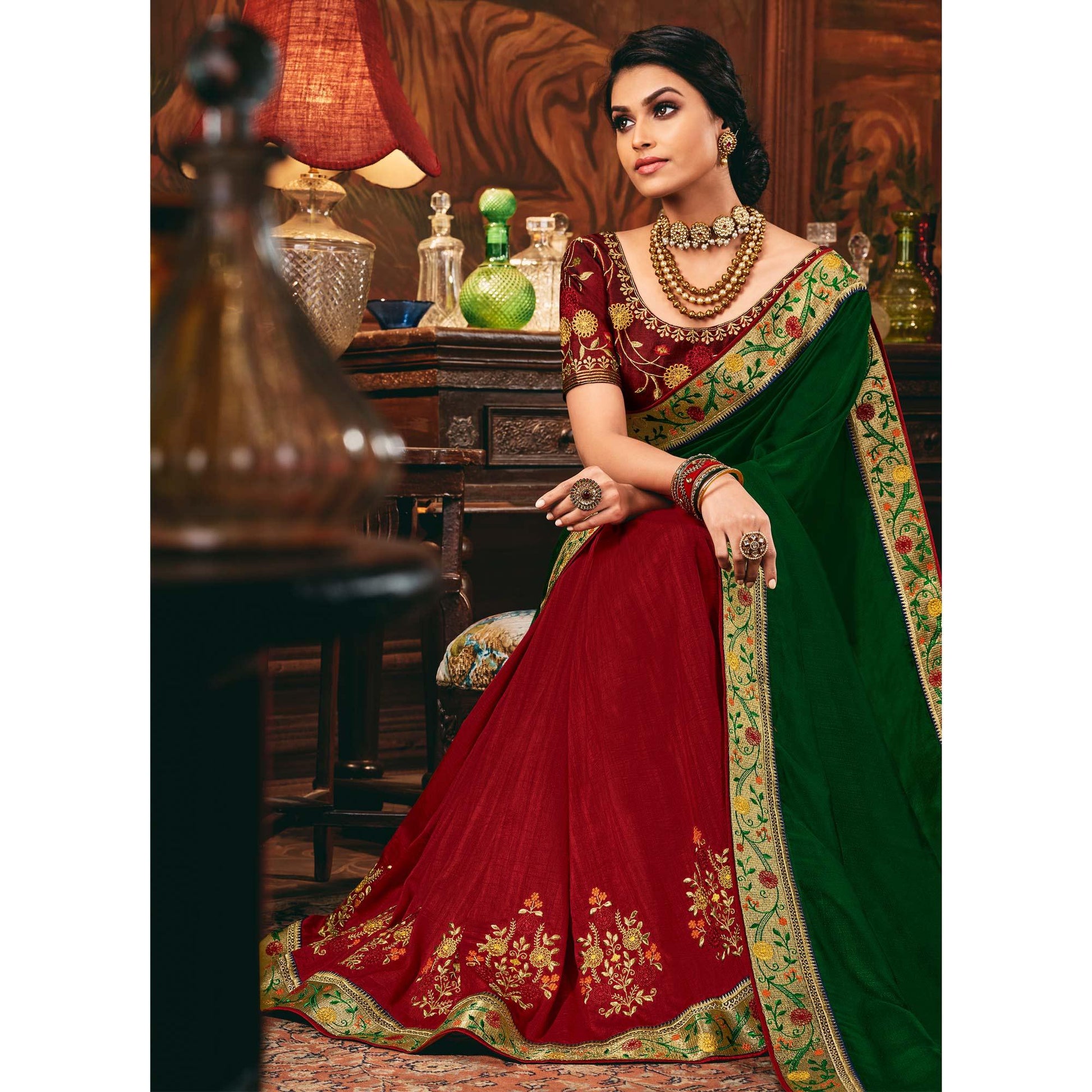 green-red-festive-wear-woven-silk-half-half-saree-120873