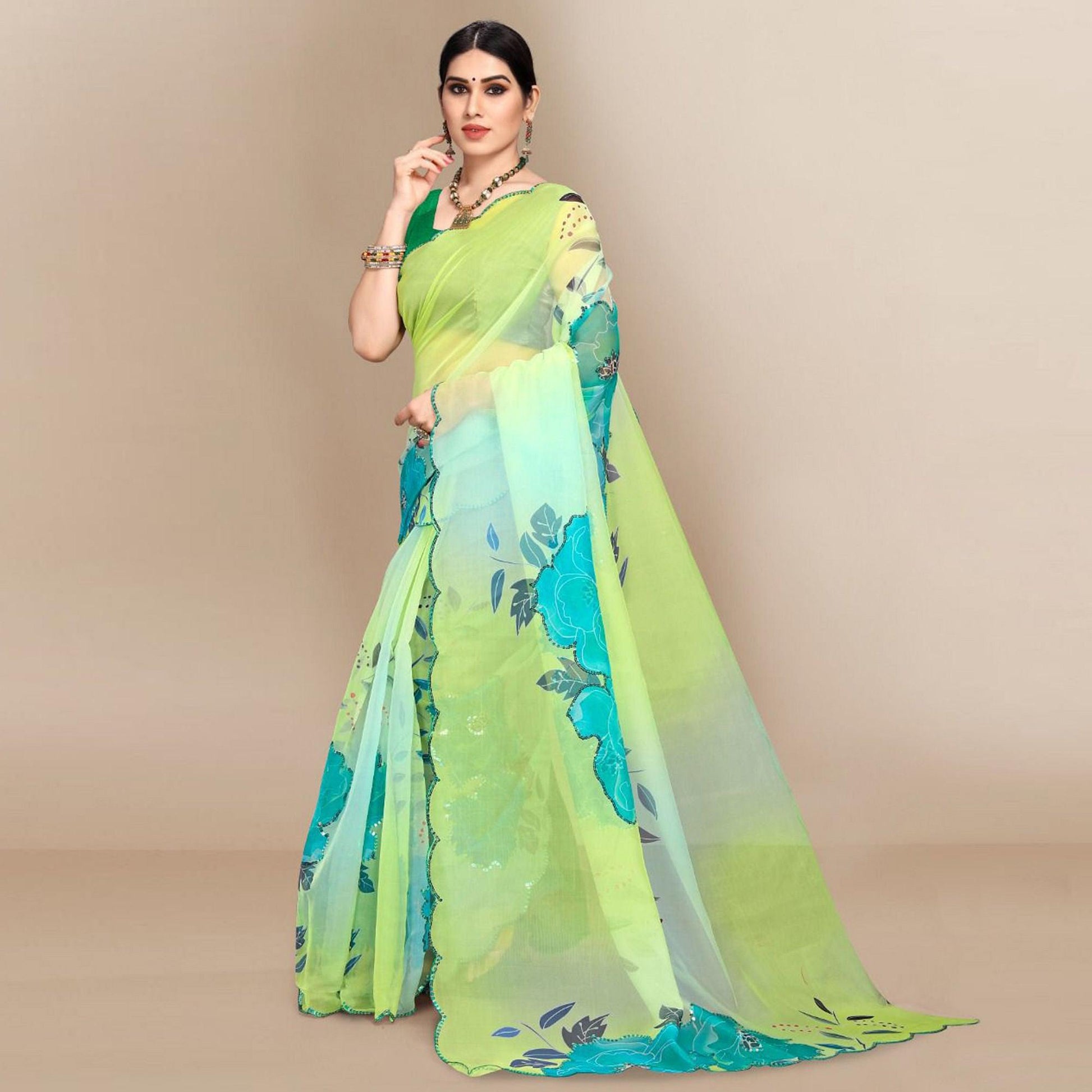 green-sequence-printed-organza-saree