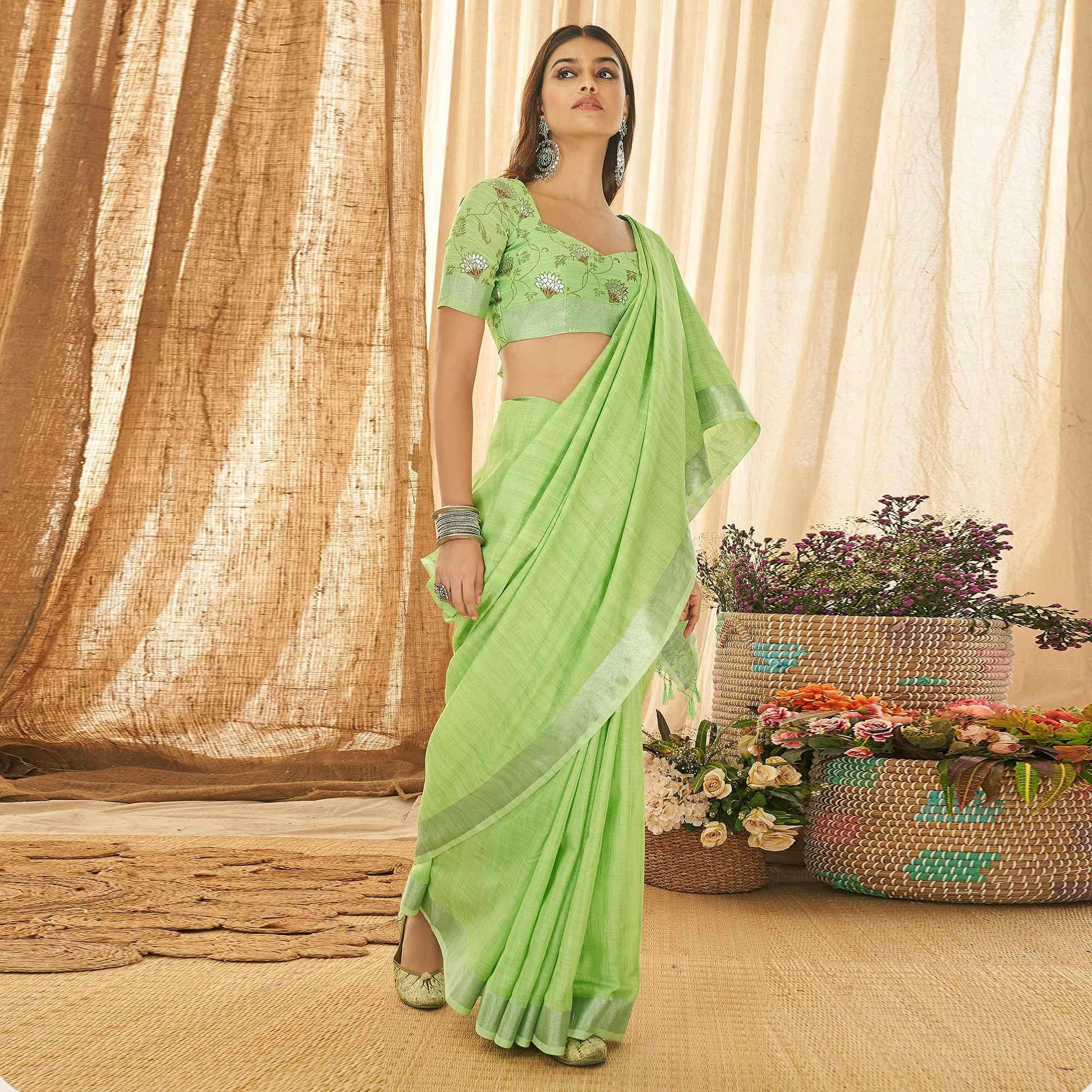 green-solid-linen-saree-143688