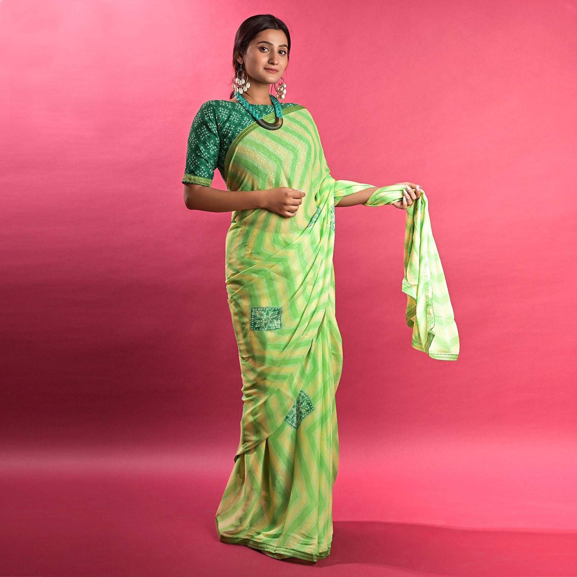 green-stripe-printed-chiffon-saree-145563