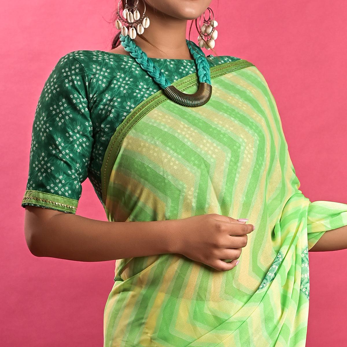 green-stripe-printed-chiffon-saree-145563